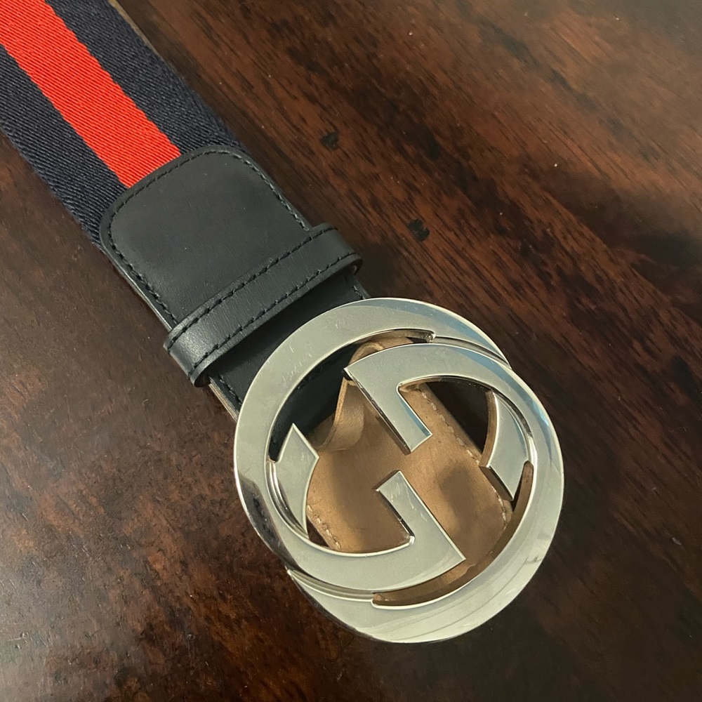 Gucci leather/cloth blue and red strip belt